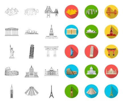 Sights of different countries outline,flat icons in set collection for design Ilustração Stock