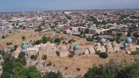 Sights of Samarkand. Aerial drone view of the Shah-i-Zinda necropolis complex on Stock Footage 254950656