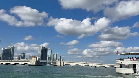Sightseeing boat, cruise sails in front of Venetian Islands. Miami, Florida Stockbeeldmateriaal 339072134