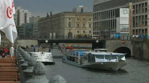 A sightseeing boat floating on Spree River in Berlin Stock Footage 53015889