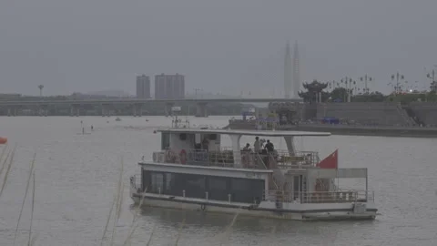 Sightseeing Boat On Gan River With Wenfeng Pagoda During Swim Race Stock-Footage 343553700