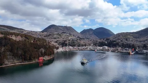 Sightseeing Boat | Lake Ashi | Hakone - 4K Aerial Video Stock Footage 333196006