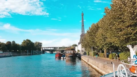 Sightseeing Boat on the Seine with Eiffel Tower View in Paris Stock Footage 233962498
