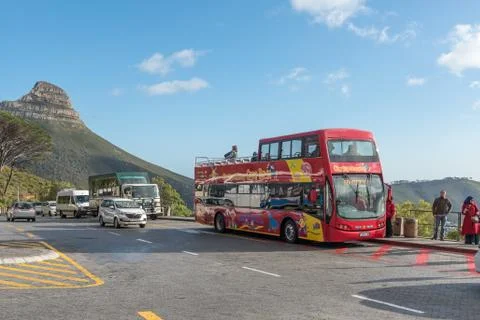 Sightseeing Bus at the lower cable station at Table mountain Stock Photos