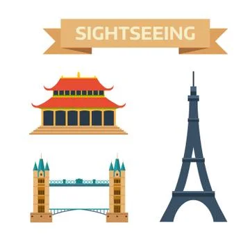 Sightseeing eiffel tower Paris, London bridge, China summer imperial palace Stock Illustration