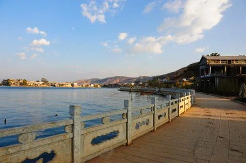Sightseeing road by lake Stock Photos