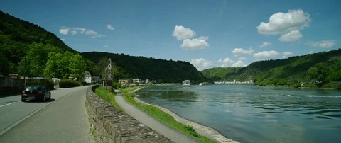 Sightseeing Ship. Loreley Rock at the Rhine River  with the City St. Goar in the Video stock 100430239