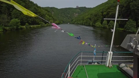 Sightseeing ship is shipping at the Saar river loop Stock Footage 131393142
