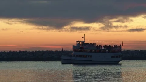 Sightseeing Ship At Sunset - Birds Flying in the Golden Sunlight Video stock 171401655