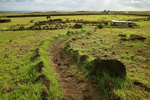 Sightseeing Trail inside Papa Vaka Archaeological Site on Easter Island, Chile Stock Photos