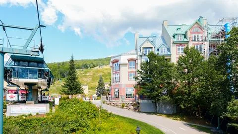 Sightseeing views by cable car at Mont Tremblant ski Resort in summer. Ski re Stock Photos