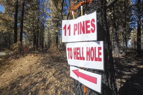 A sign for the appropriately named Hell Hole in the King Fire that burned 97, Stock Photos