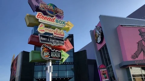 Sign with arrows at Universal Citywalk, Orlando, Florida Stock Footage