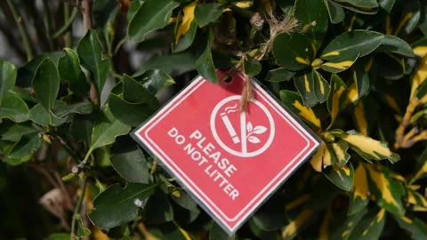 Sign asking people not to litter in a green area Stock Footage 333087889