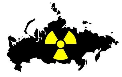 Sign of atomic weapons on the background of the map of Russia. Stock Illustration