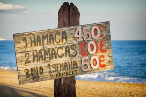 Sign for beach beds, Spain. Stock Photos