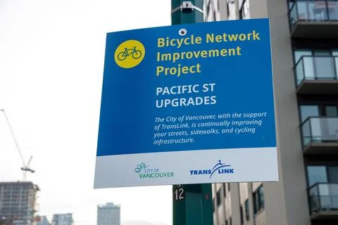 Sign for Bicycle Network Improvement Project Pacific Street Upgrades by Cit.. Stock Photos