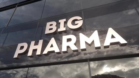 Sign BIG PHARMA on the facade of the office building. 3d illustration Ilustración de archivo