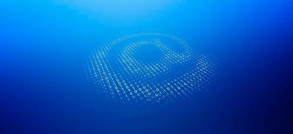 An AT sign in binary code against a blue background Stock Illustration