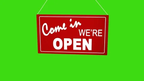 Sign board drop from top: come in we are open. Retail shop sign. Business Stock Footage 83919553
