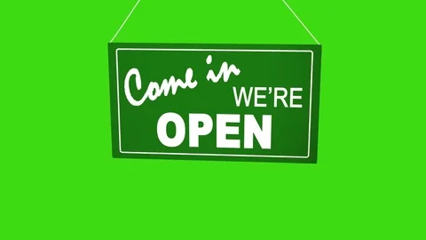 Sign board drop from top: come in we are open. Retail shop sign. Business Stock Footage 83919684