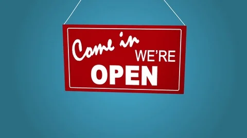 Sign board drop from top: come in we are open. Retail shop sign. Business Stock Footage 83919854