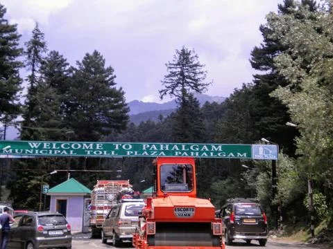 A sign board on the entry gate of  Pahalgam city in Jammu and Kashmir, India Photos