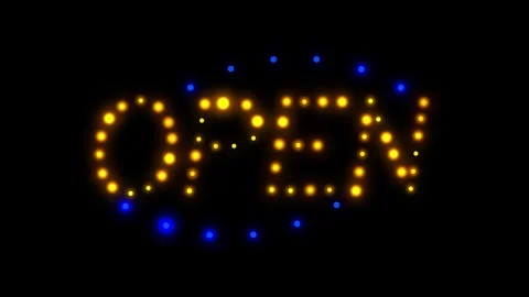 Sign board open with flickering light bulbs. Orange title says you can come  Stock Footage 283118770