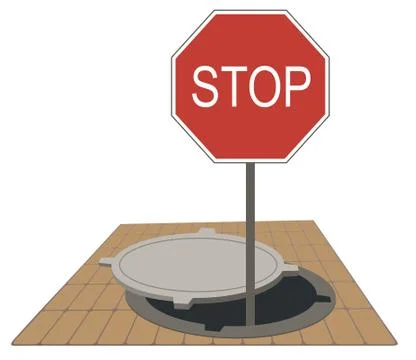 Sign board “Stop” warning about open sewer manhole illustration Stock Illustration