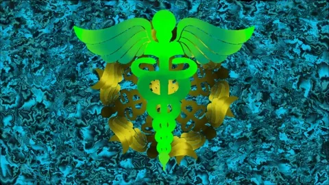 SIgn Caduceus with rotating pattern from this sign on an abstract  background 스톡 동영상 82397755