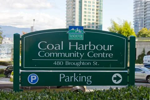 Sign of "Coal Harbour Community Centre" on Broughton Street in Vancouver Stock Photos