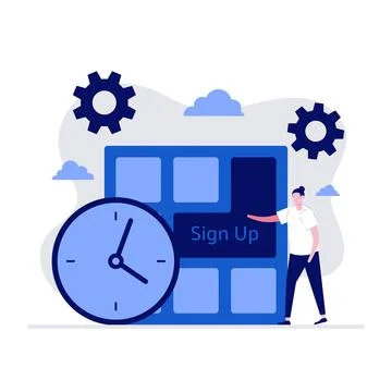 Sign up concept with character press the button. Modern vector illustration.. Stock Illustration