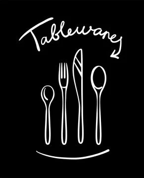 The sign consists of a fork, spoon, knife, and cutlery. Greeting card logo Stock Illustration