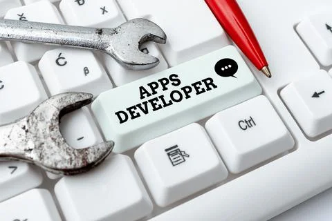 Sign displaying Apps Developer. Business idea Graphic artist Software Programmer Stock Photos
