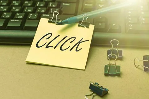 Sign displaying Click. Conceptual photo Act of pressing a button on a mouse Stock Photos