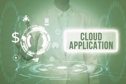 Sign displaying Cloud Application. Business overview the software program where Fotos de archivo