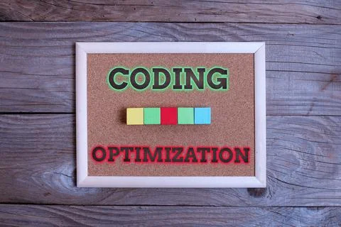 Sign displaying Coding Optimization. Word Written on method of code modification Stockfoto's