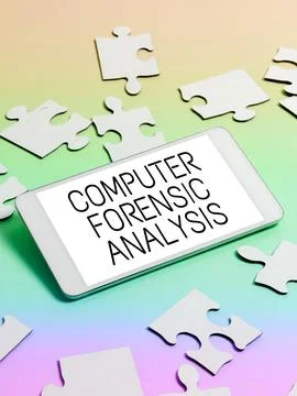 Sign displaying Computer Forensic Analysis. Business overview evidence found in Foto stock