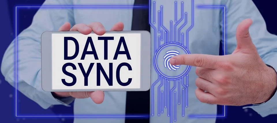 Sign displaying Data Sync. Word Written on data that is continuously generated Foto stock
