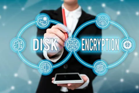 Sign displaying Disk Encryption. Conceptual photo the security mechanism used to Stock Photos