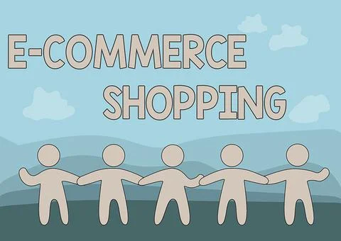 Sign displaying E Commerce Shopping. Word Written on directly buy goods or Stock Illustration