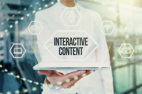 Sign displaying Interactive Content. Word for It requires the participants Stock Photos