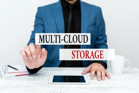 Sign displaying Multi Cloud Storage. Word for use of multiple cloud computing 스톡 사진