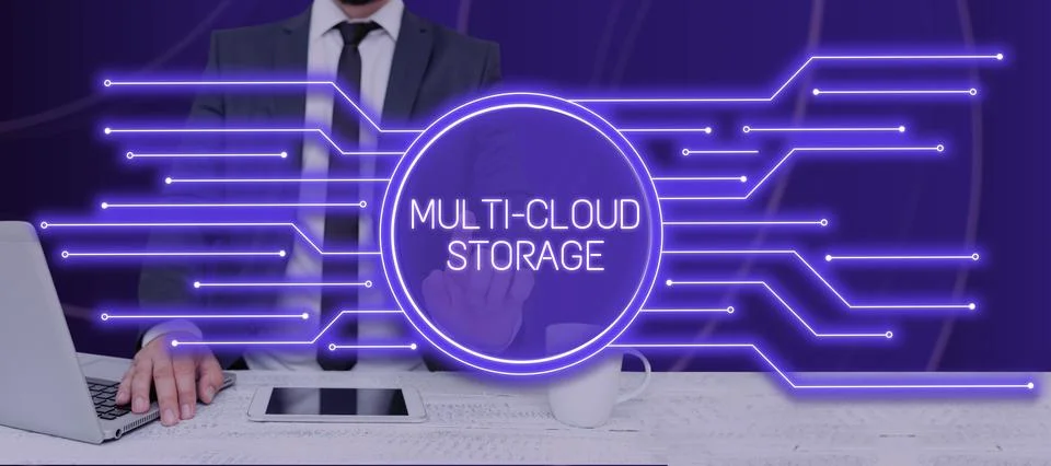 Sign displaying Multi Cloud Storage. Business overview use of multiple cloud Foto stock