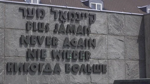 Sign displaying NEVER AGAIN at concentration camp Dachau 4k Stock Footage