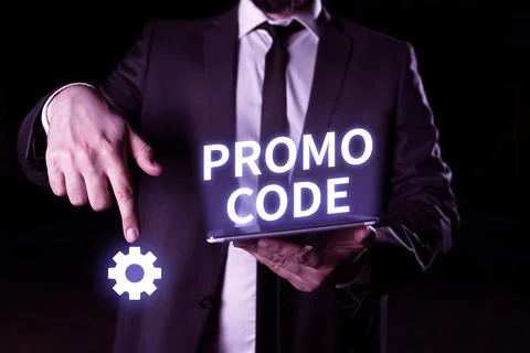 Sign displaying Promo Code. Word for digital numbers that give you good discount 스톡 사진