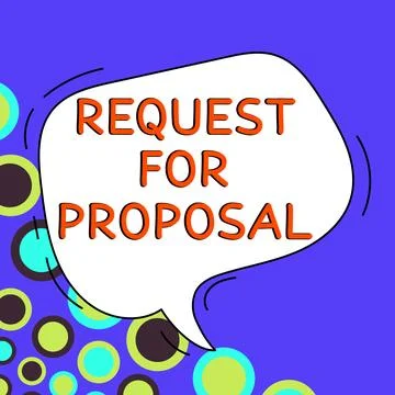 Sign displaying Request For Proposal. Business overview document contains Illustrazione stock