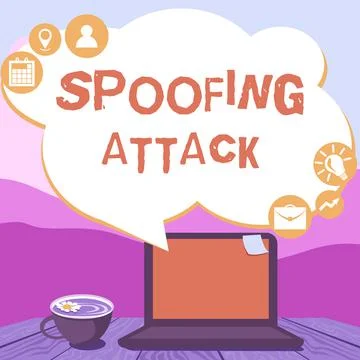 Sign displaying Spoofing Attack. Word for impersonation of a user, device or Stock Illustration