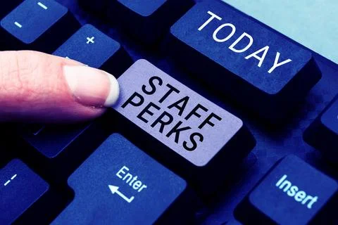 Sign displaying Staff Perks. Word for Workers Benefits Bonuses Compensation Stock Photos
