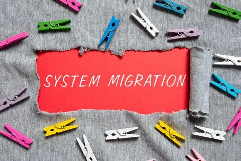 Sign displaying System Migration. Conceptual photo moving from the use of one Photos